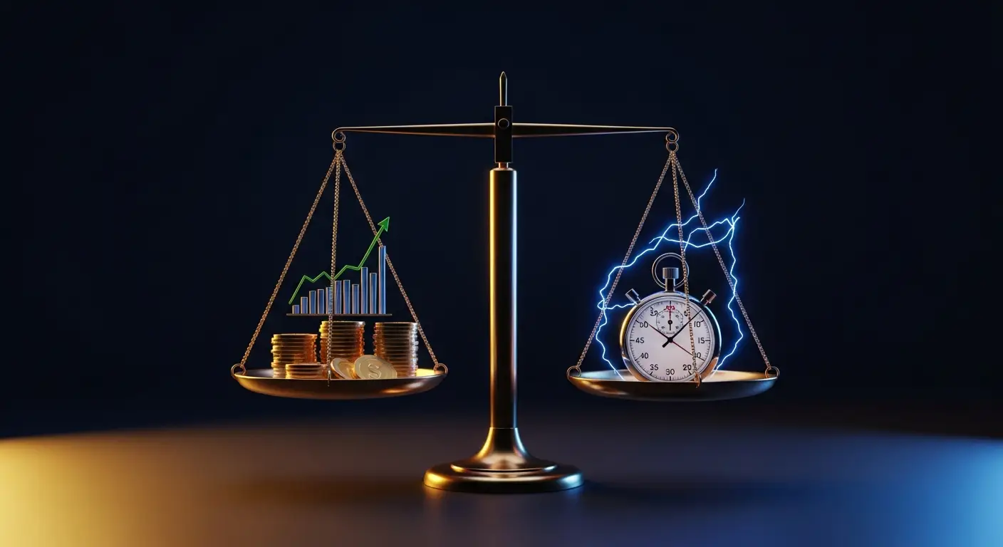 customer-onboarding-best-practices-hero-3 - SaasCEO.com The Math: What Faster Onboarding Is Worth — a modern, minimalist balance scale with one pan holding a stack of gold coins and a rising financial chart and the other pan holding a stopwatch, representing the quantifiable value of accelerated onboarding