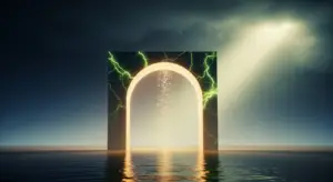 customer-onboarding-hero-6 - SaasCEO.com - SaasCEO.com Glowing arched portal standing in the sea, with sparks pouring through the opening and green lightning around the frame.