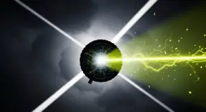 Circular sci‑fi device firing a bright green laser beam to the right, with stormy, cloudy background behind it.