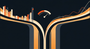 Abstract financial illustration with two diverging orange and beige curves, upward bars, and a central gauge against a dark background, signaling market divergence throughout the graph area.