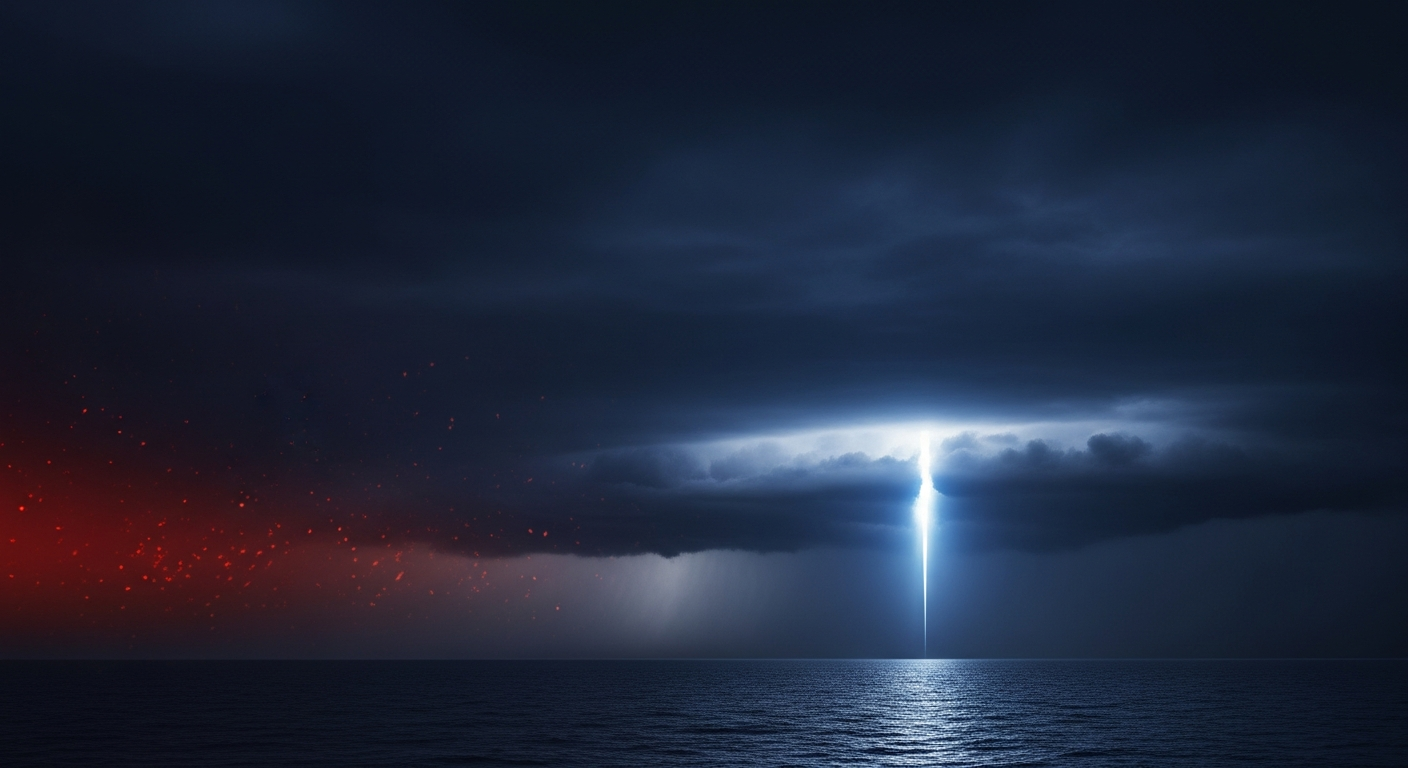 down-round-hero-1 - SaasCEO.com Causes converging to force a SaaS down round — storm clouds over a dark sea with one break of light on the horizon.