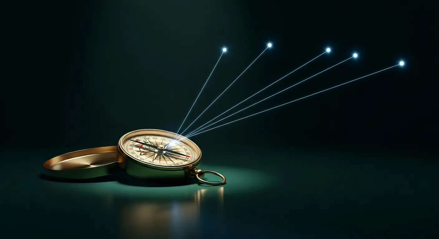 down-round-hero-3 - SaasCEO.com Alternatives to a SaaS down round — an antique compass on a dark surface with diverging paths of light, one brighter than the rest.