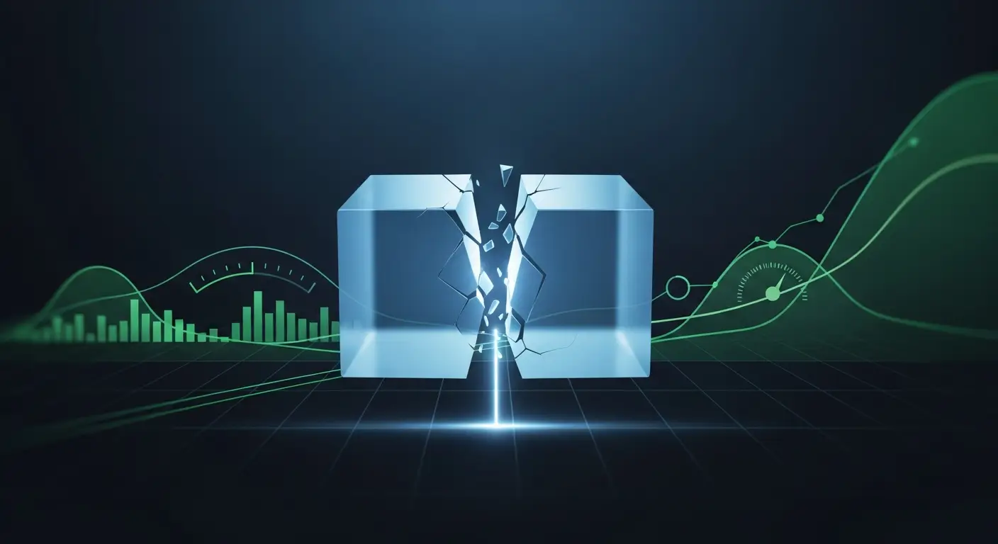 down-round-hero - SaasCEO.com SaaS pre-money and post-money valuation reset — an abstract translucent cube splitting and resetting at a lower level.