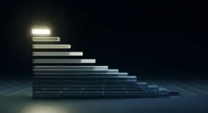 down-round-new-hero - SaasCEO.com - SaasCEO.com 3D staircase of horizontal bars forming a descending bar chart on a grid, set against a dark background with a glow at the top-left.