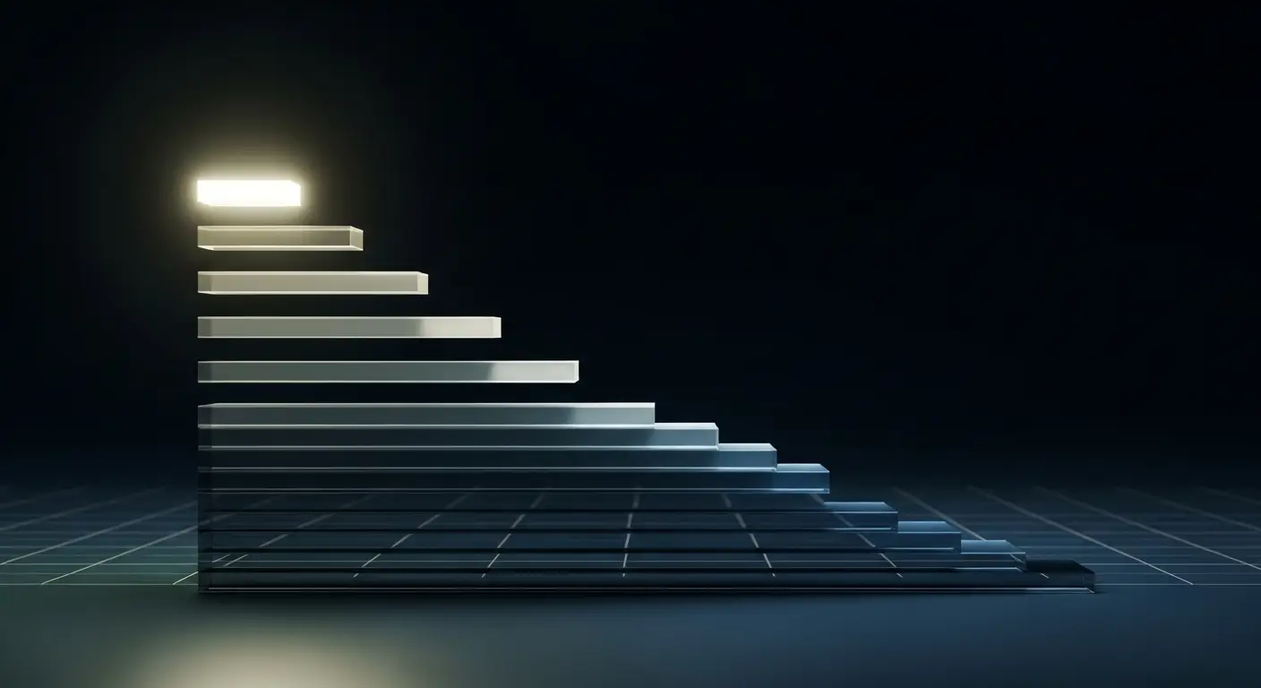 down-round-new-hero - SaasCEO.com Abstract translucent bars descending like a staircase on deep navy, evoking a measured decline in value — a SaaS down round.