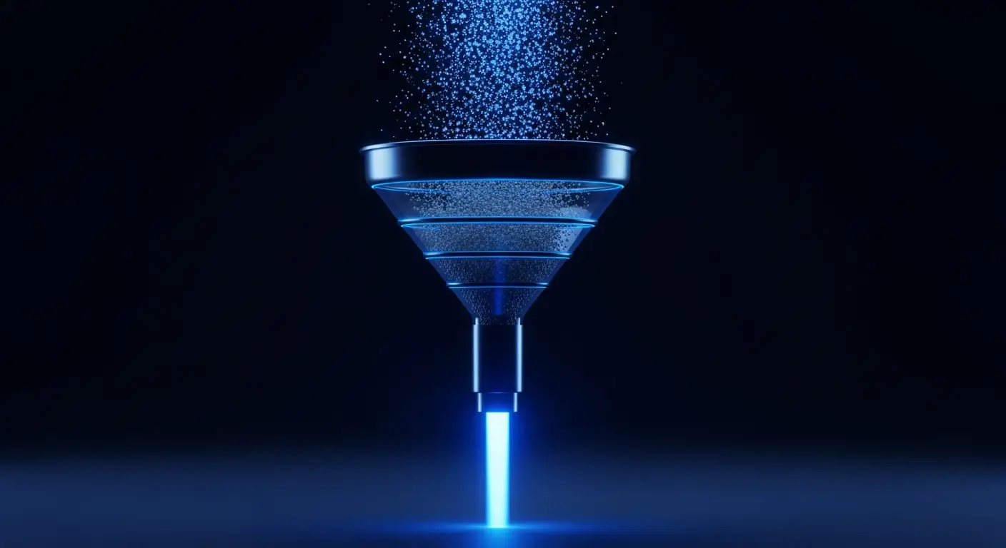 ebit-hero-1 - SaasCEO.com Abstract funnel filtering a stream of particles down to a single clean beam of light, representing revenue refined into operating profit