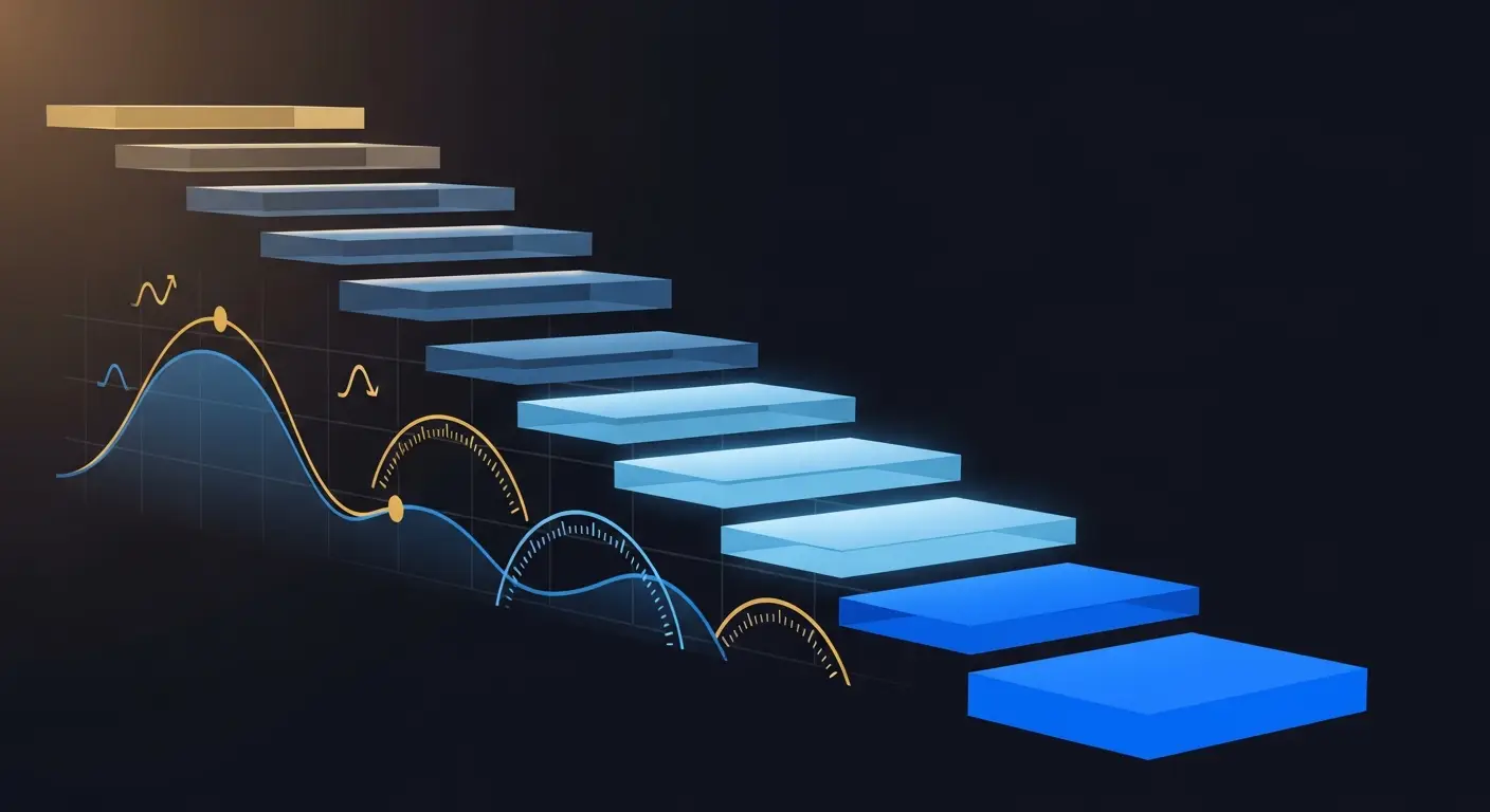 ebit-hero-2 - SaasCEO.com Abstract descending glass staircase ending in a solid glowing block, representing revenue stepping down through costs to reach EBIT