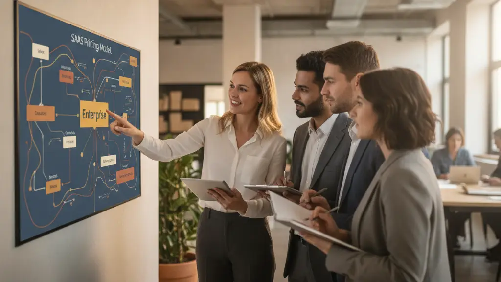 enterprise-saas-pricing-hero-2 - SaasCEO.com Worked Example — A small team of business strategists analyzing a large interactive screen that displays a tiered SaaS pricing model, with one leader gesturing toward a prominent enterprise segment