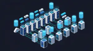Isometric data center with rows of server racks, storage units, and blue database cylinders connected by cables.