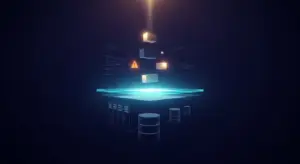 Futuristic data storage visualization with floating server racks, data containers, and a glowing platform.