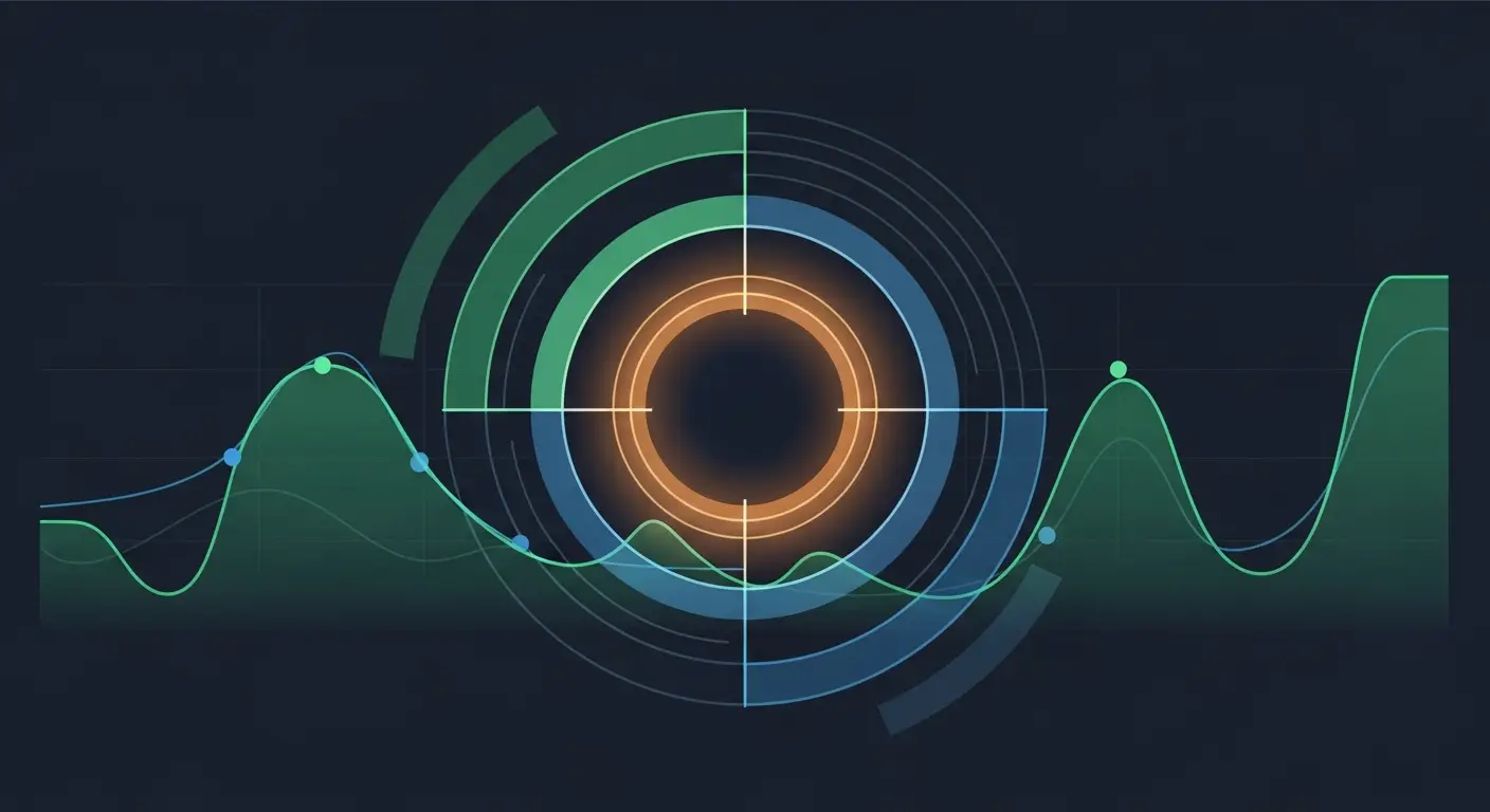 gross-revenue-retention-hero-2 - SaasCEO.com The 90-Day GRR Diagnostic — Concentric translucent rings of pale cyan light on a deep navy field, each ring tilted at a slightly different angle with thin radial pulse lines emanating from the center — a structured 30/60/90-day diagnostic visualized as a precision radar sweep.