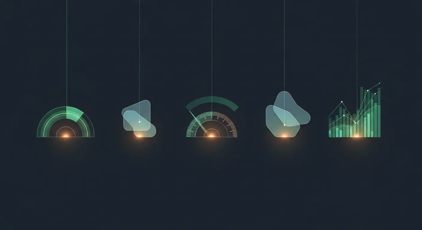 gross-revenue-retention-hero-3 - SaasCEO.com Frequently Asked Questions About Gross Revenue Retention — A row of five evenly-spaced translucent geometric forms on a