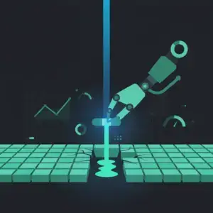 hero-gross-revenue-retention - SaasCEO.com Robotic arm welding a vertical rod with cyan light on a grid-pattern floor in a high-tech factory scene.