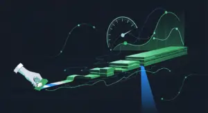 Abstract data visualization showing growth analytics: ascending green bars, line graphs, and a hand inserting a card into a data stream.