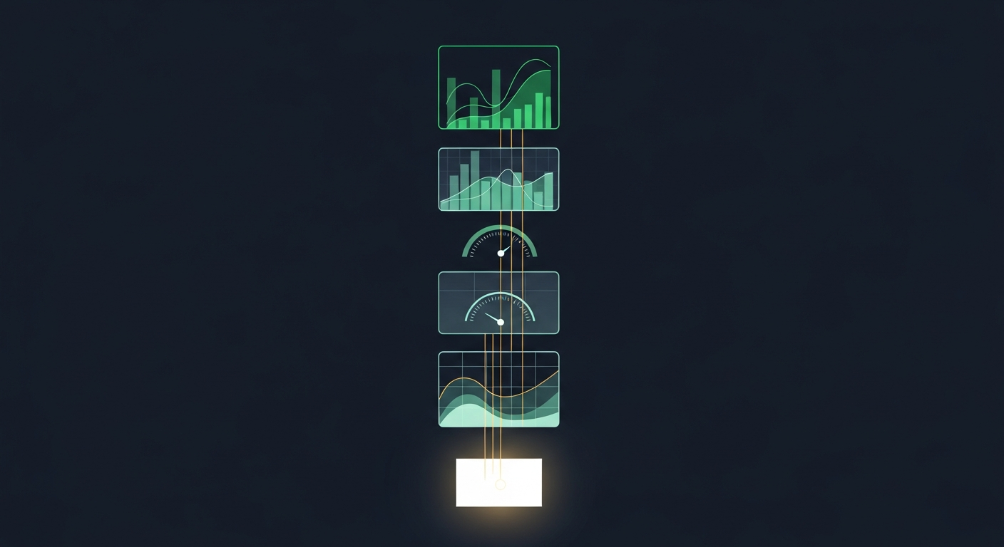 gross-revenue-retention-hero - SaasCEO.com A Worked Example, Step by Step — calculating gross revenue retention — A neat vertical stack of five translucent geometric panels a