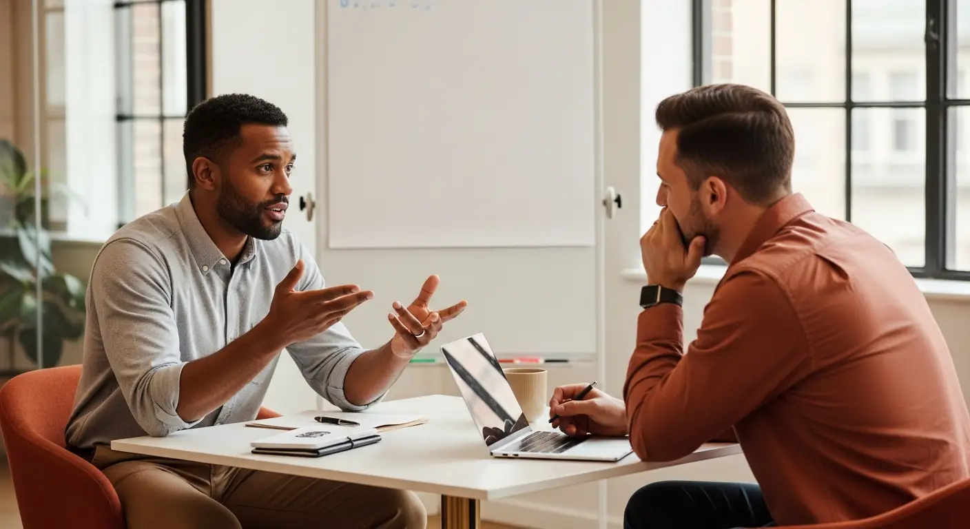 grr-meaning-hero-2 - SaasCEO.com Frequently Asked Questions About GRR Meaning — Two professionals in a bright modern office having a relaxed