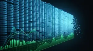 grr-meaning-new-hero - SaasCEO.com - SaasCEO.com Blue stacked cylinders forming a wall suggesting data storage, with a green line graph and bar chart overlay indicating analysis trends.