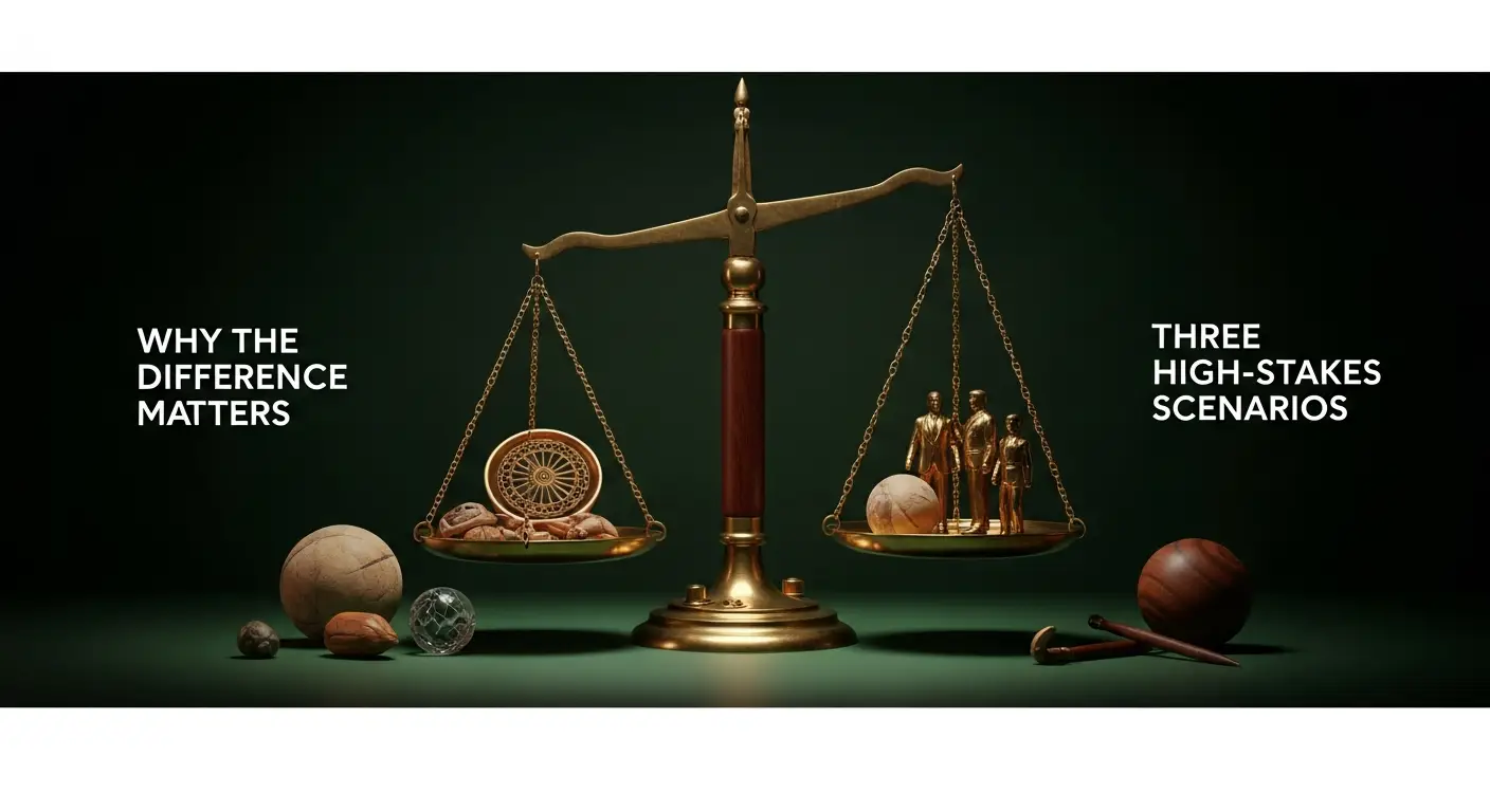 hero-annual-recurring-revenue-vs-revenue-6 - SaasCEO.com Why the Difference Matters: Three High-Stakes Scenarios — A balanced scale or fulcrum with contrasting elements on eac