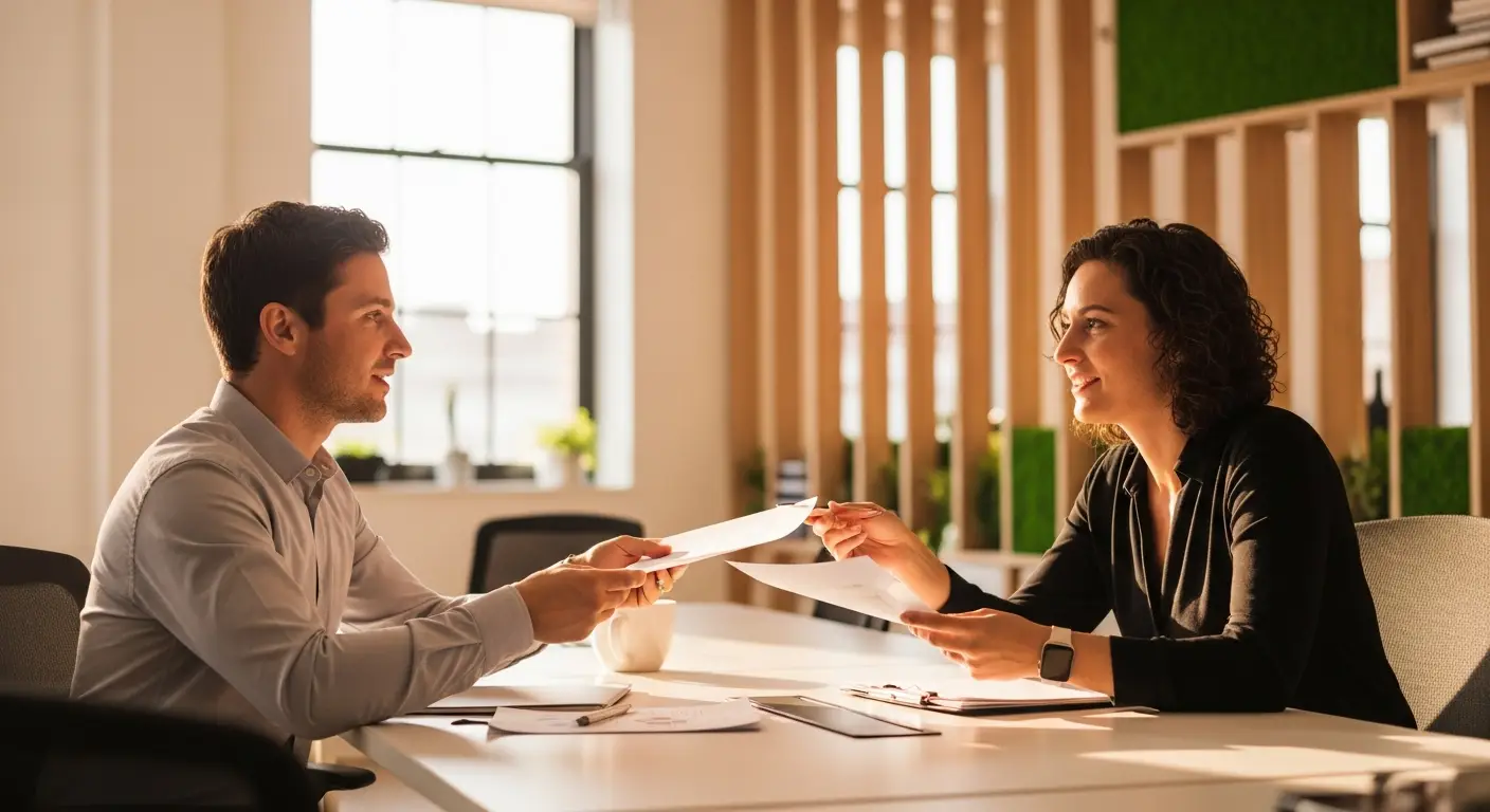 hero-annual-recurring-revenue-vs-revenue-7 - SaasCEO.com Worked Example: A M ARR SaaS Business — Two professionals in a focused discussion across a modern de