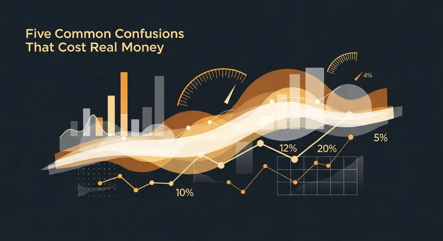 hero-annual-recurring-revenue-vs-revenue-8 - SaasCEO.com Five Common Confusions That Cost Real Money — Layered translucent geometric shapes suggesting data flow an