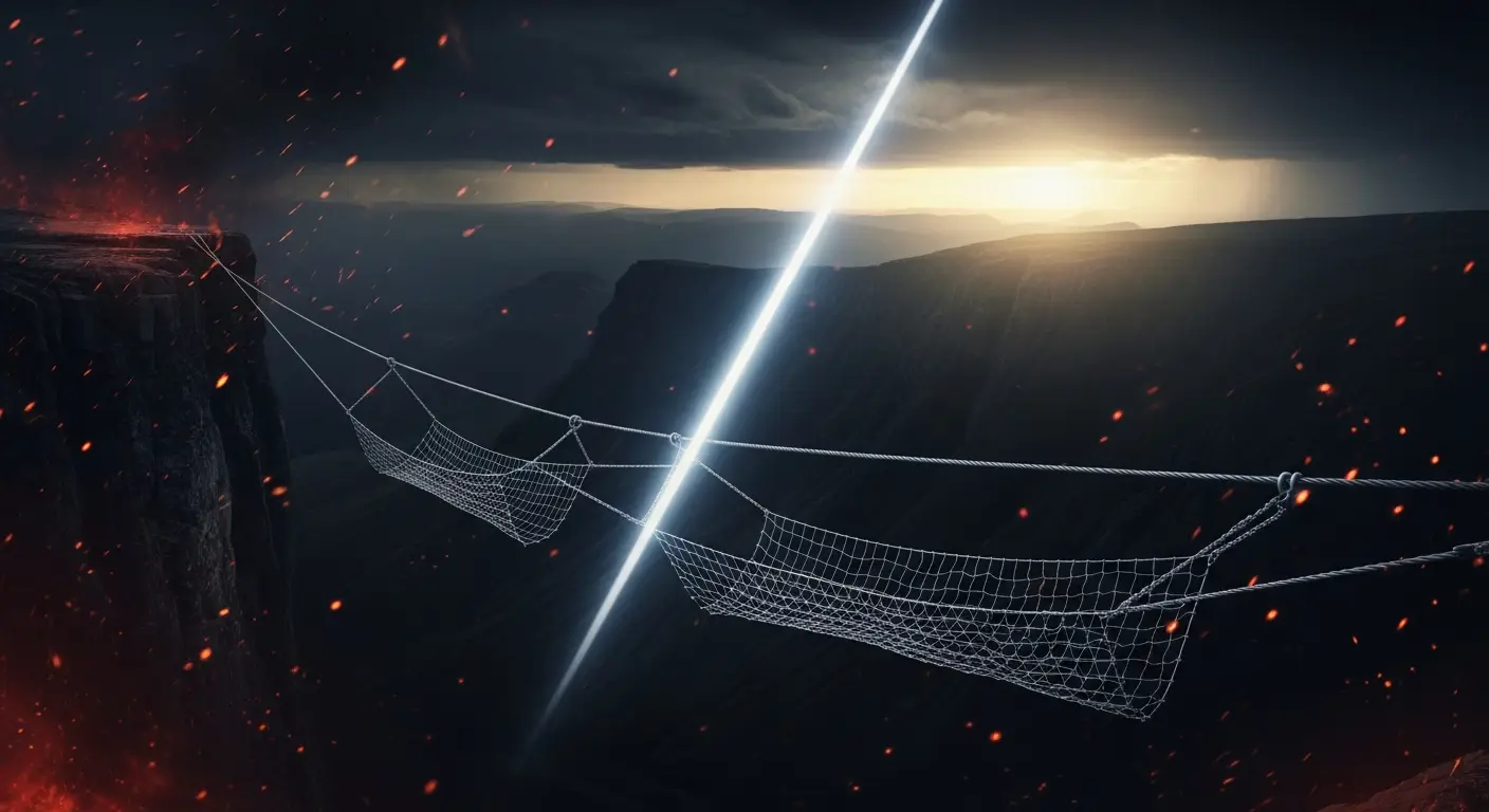 hero-b2b-saas-2 - SaasCEO.com Common Mistakes B2B SaaS CEOs Make — A tightrope stretched over a dramatic landscape, with safety