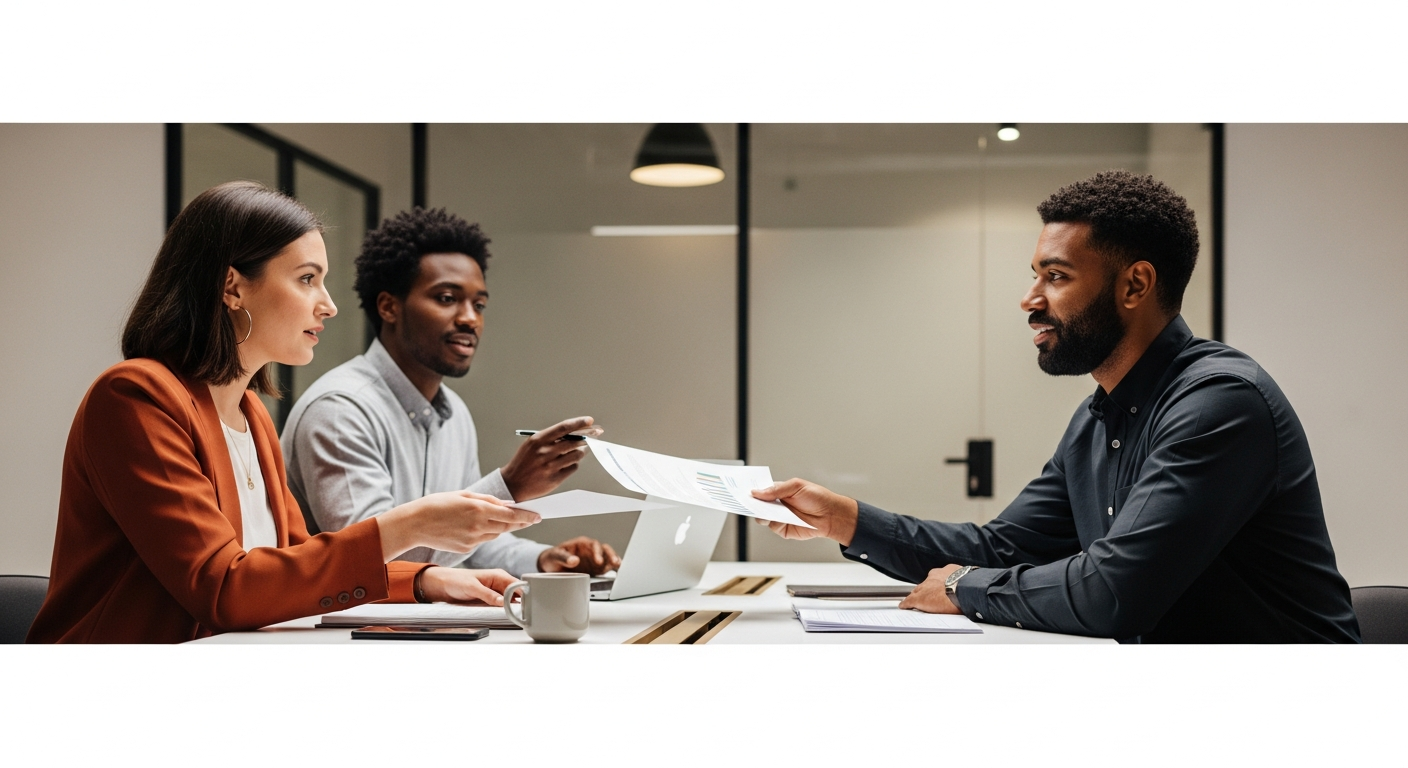 hero-b2b-saas-3 - SaasCEO.com Segmenting Your B2B SaaS Business — Two professionals in a focused discussion across a modern de