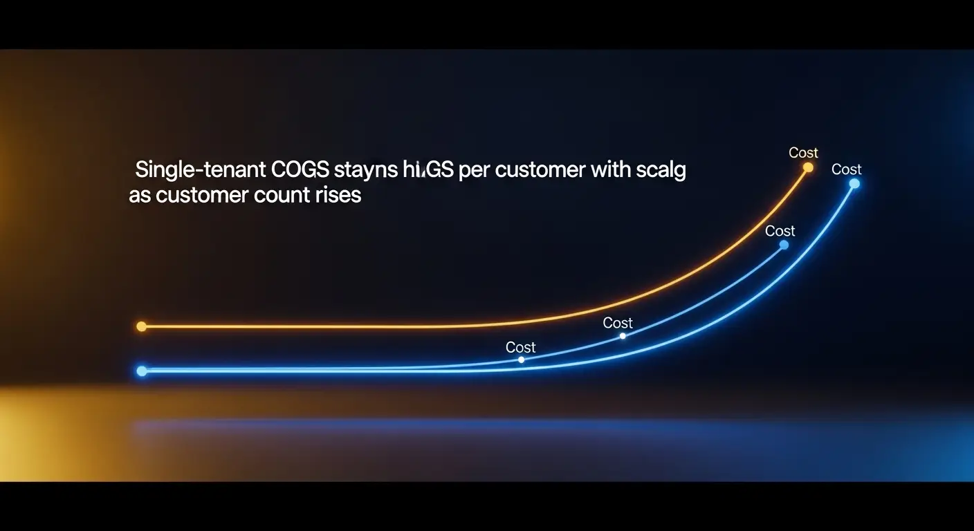 hero-cost-of-goods-sold-for-saas-2 - SaasCEO.com Multi-Tenant vs. Single-Tenant SaaS Cost Structure — Two diverging curves starting at a common point—one flat (sh