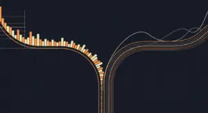 hero-difference-between-bookings-and-revenue - SaasCEO.com Abstract data visualization: orange and cream curves with bar-chart segments on a dark background.