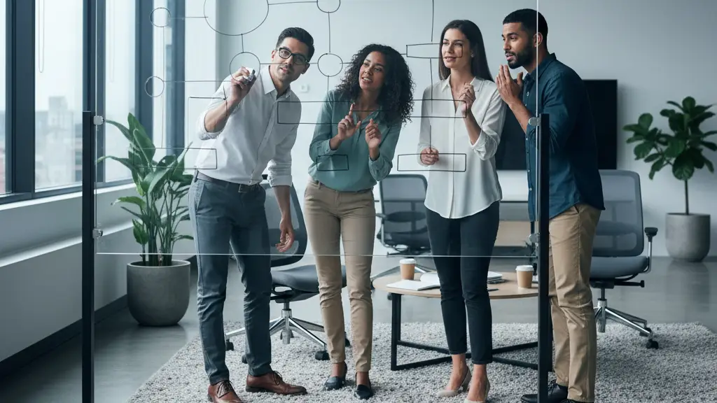 hero-difference-between-bookings-and-revenue-6 - SaasCEO.com What Are Bookings? — A small team gathered around a whiteboard with diagrams, col