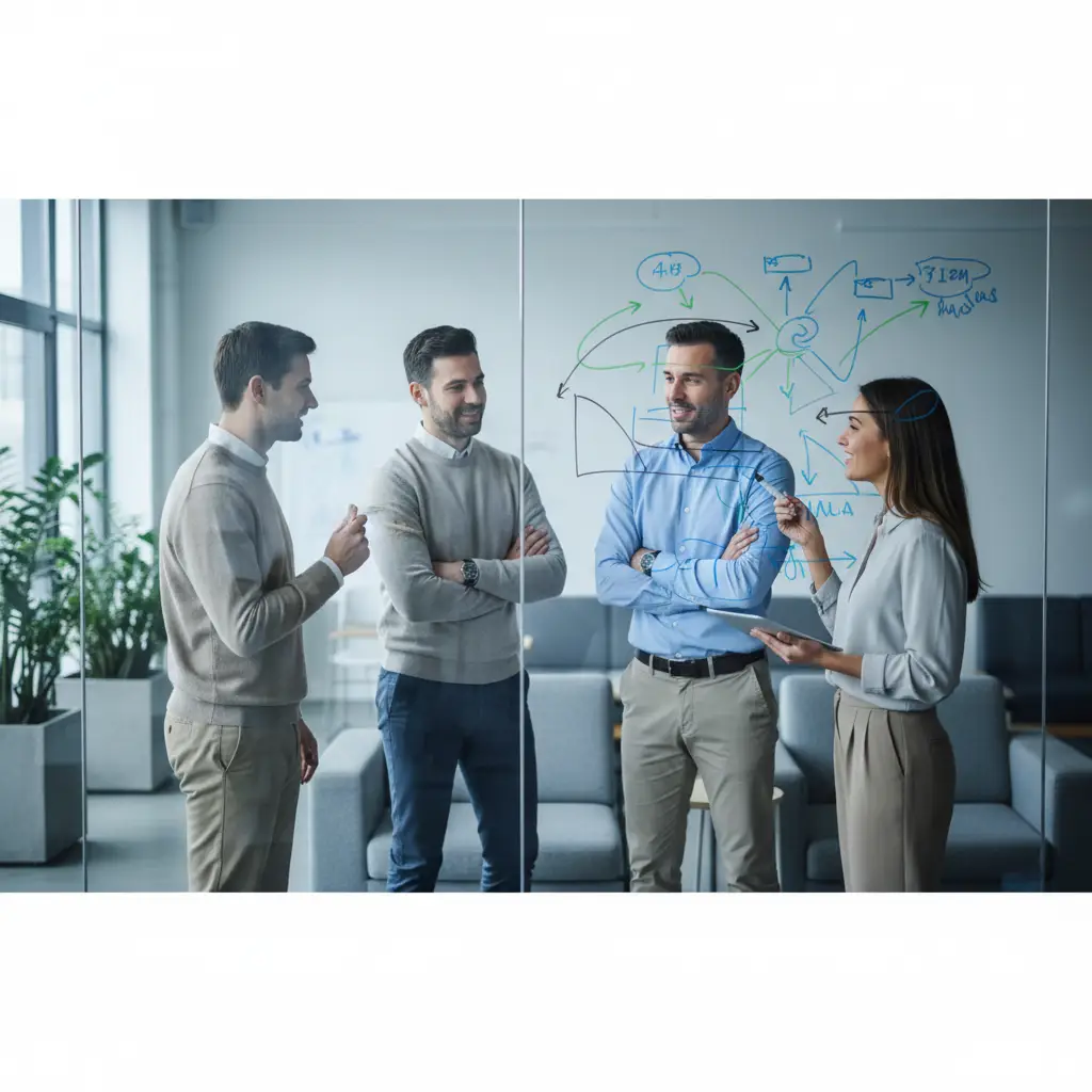 hero-gross-revenue-retention-3 - SaasCEO.com The 90-Day GRR Diagnostic — A small team gathered around a whiteboard with diagrams, col