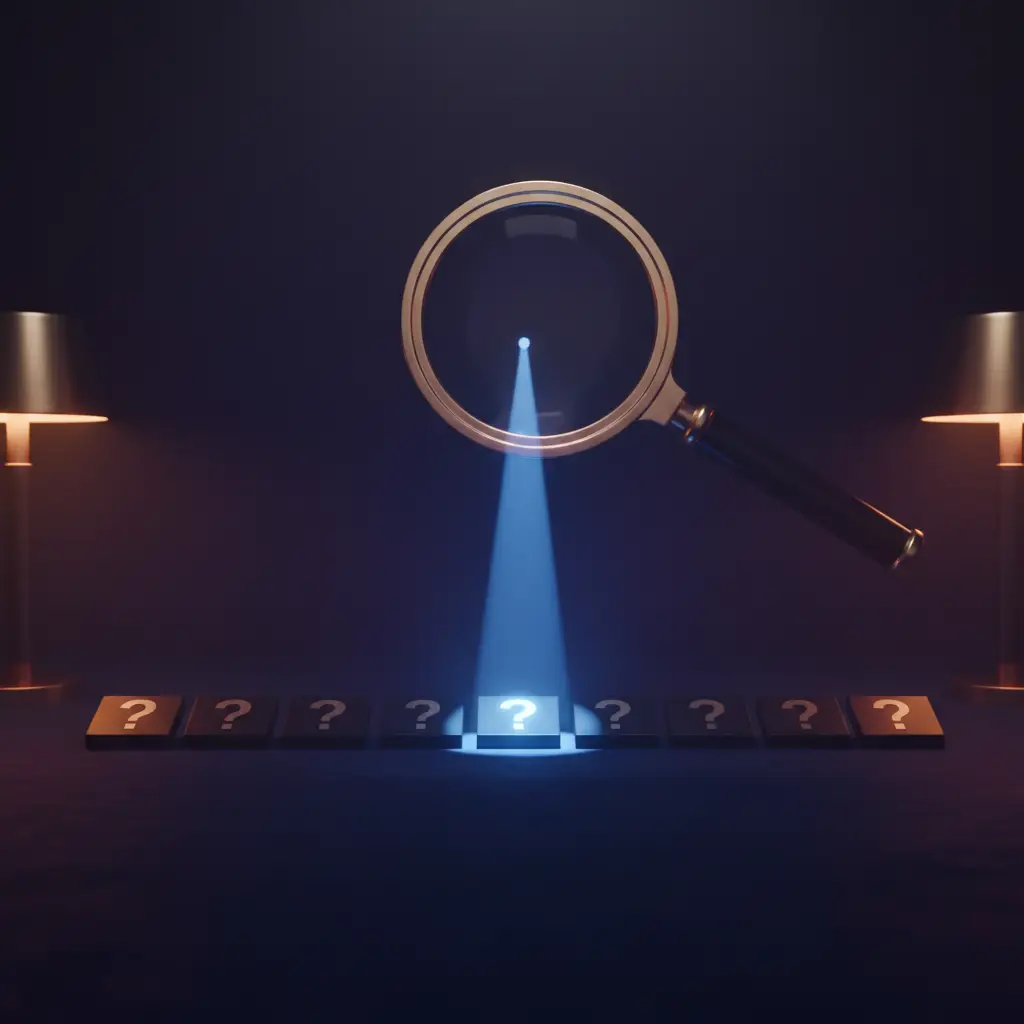 hero-gross-revenue-retention-5 - SaasCEO.com Frequently Asked Questions About Gross Revenue Retention — A magnifying glass hovering over a row of question-mark tile