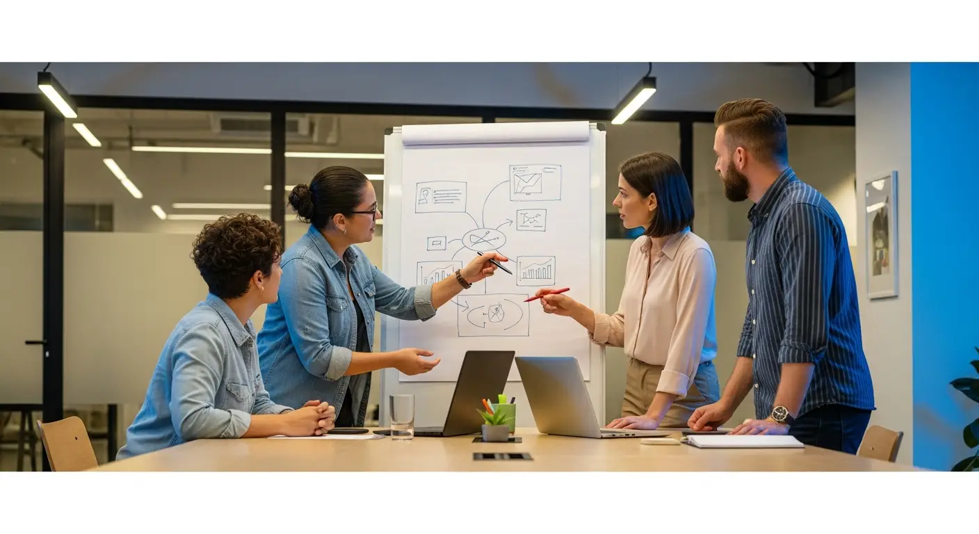 hero-ideal-customer-profile-2 - SaasCEO.com Resource Allocation: The Psychology of Choosing One ICP — A small team gathered around a whiteboard with diagrams, col