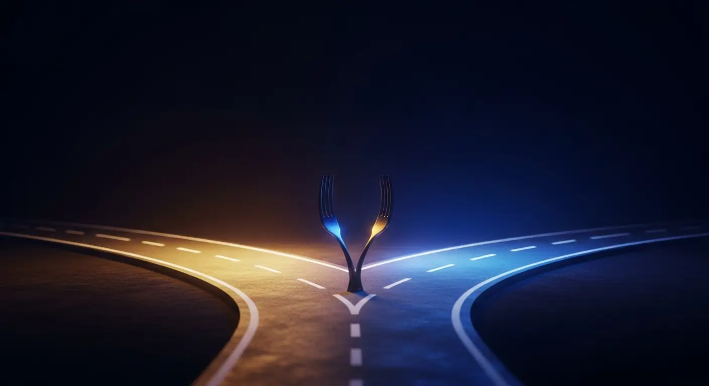hero-ideal-customer-profile-6 - SaasCEO.com Common Tradeoffs: Growth vs. Profitability — A fork in a polished road with different lighting on each pa
