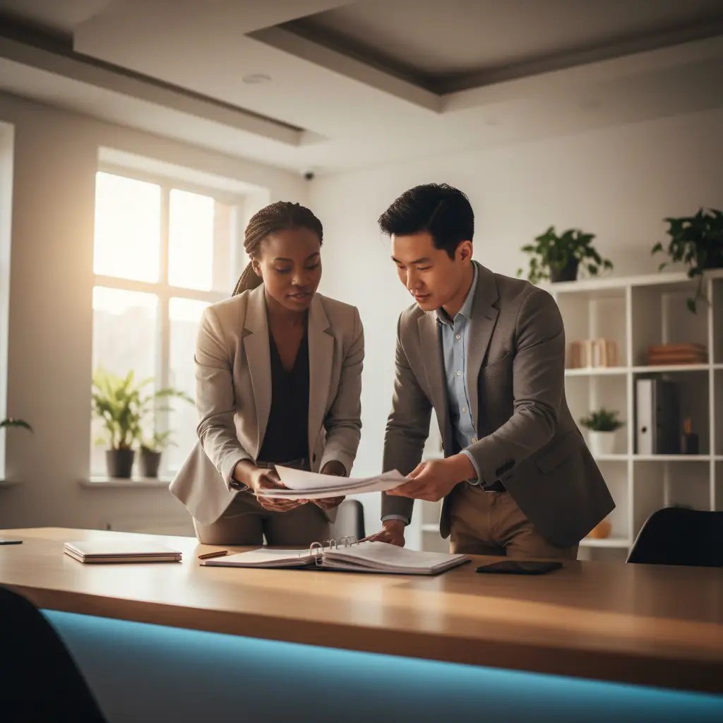hero-investment-memo-5 - SaasCEO.com 4. The Investor's Internal Memo: What's Really Being Decided — Two professionals in a focused discussion across a modern de