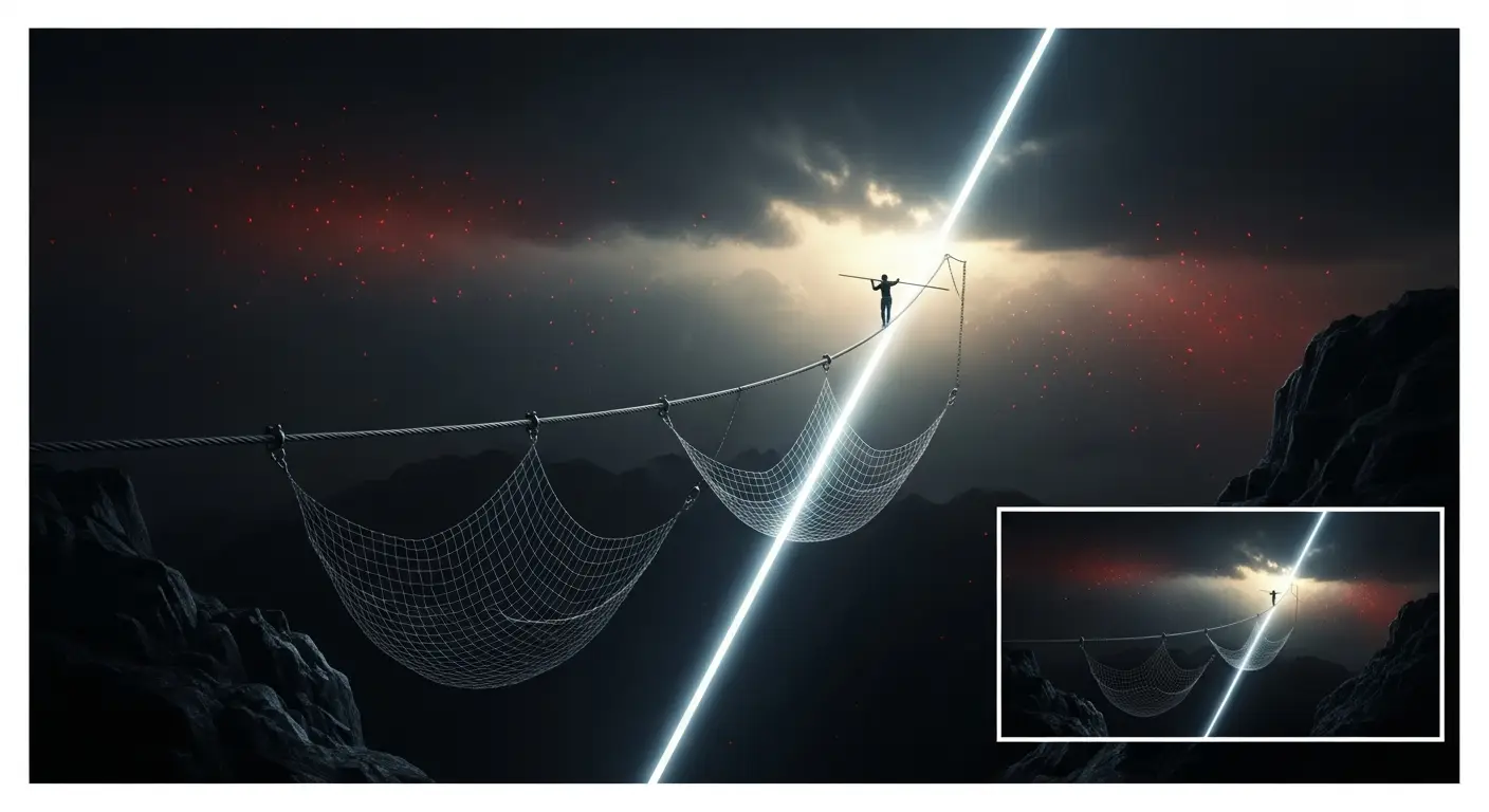 hero-ipaas-3 - SaasCEO.com iPaaS Risks Worth Taking Seriously — A tightrope stretched over a dramatic landscape, with safety