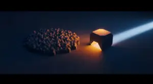 hero-market-differentiation - SaasCEO.com Cluster of small blue-gray cubes forming a mound on the left, and a glowing orange-lit geometric arch on the right with a blue beam of light.