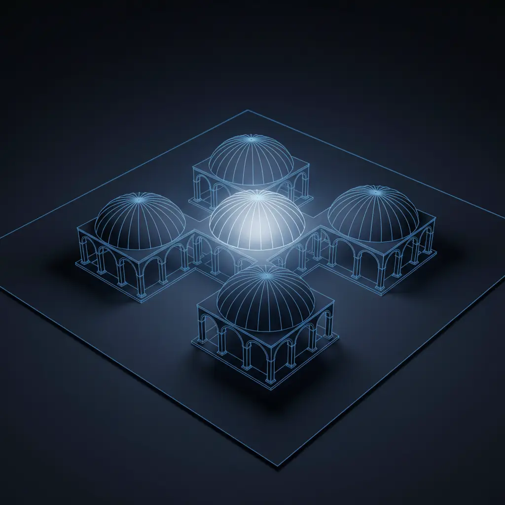 hero-net-revenue-churn-formula-2 - SaasCEO.com Worked example of net revenue churn calculation — A pristine architectural blueprint of a five-vault treasury