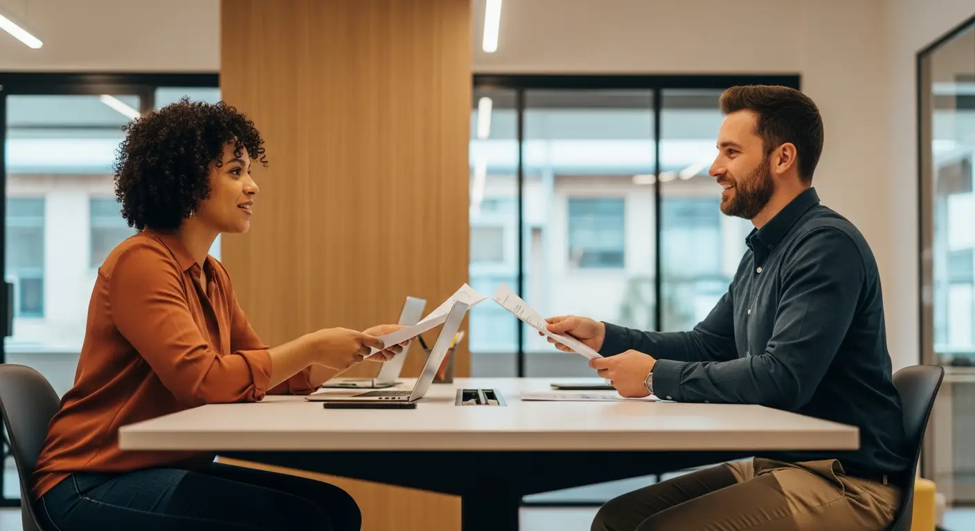 hero-non-tech-saas-founder-guide-1 - SaasCEO.com Your First Technical Hire (The Most Important Hire You Will Ever Make) — Two professionals in a focused discussion across a modern de