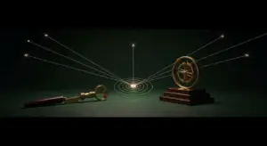 hero-outbound-lead-generation-services-b2b-saas - SaasCEO.com Antique brass key on the left, glowing central target with concentric rings, and a brass ship wheel on a pedestal to the right