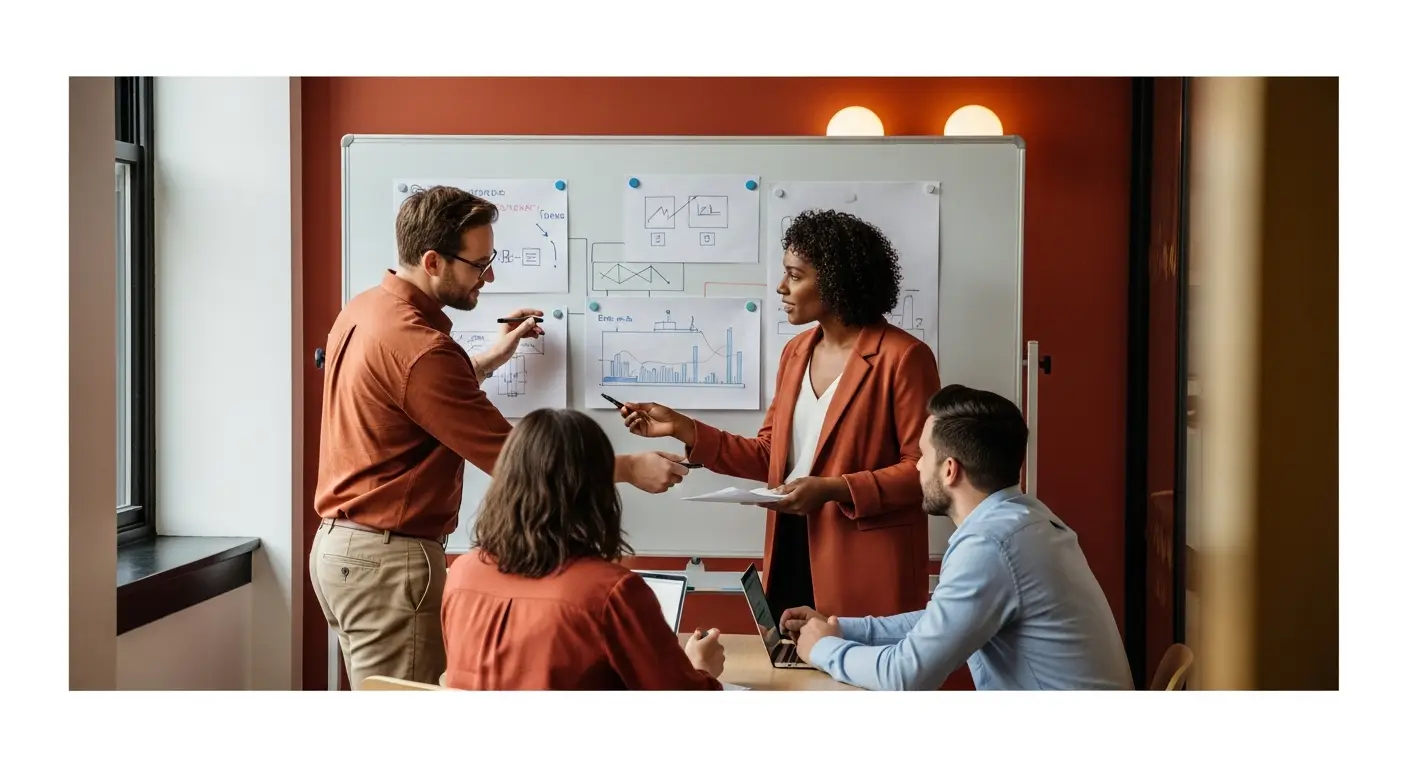 hero-product-management-1 - SaasCEO.com From Art to Science: How Product Management Evolves as You Scale — A small team gathered around a whiteboard with diagrams, col