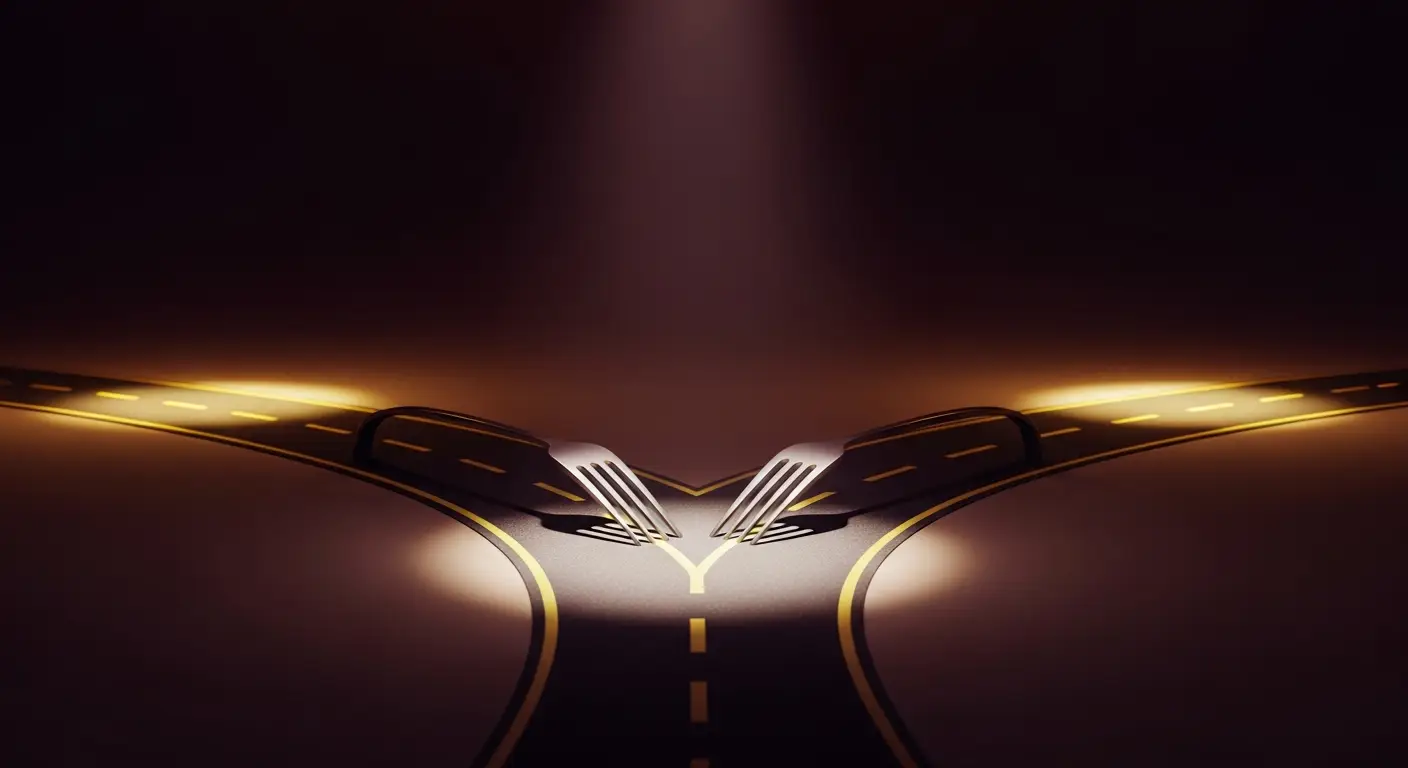 hero-product-management-3 - SaasCEO.com Product Management vs. Project Management: A Critical Distinction — A fork in a polished road with different lighting on each pa