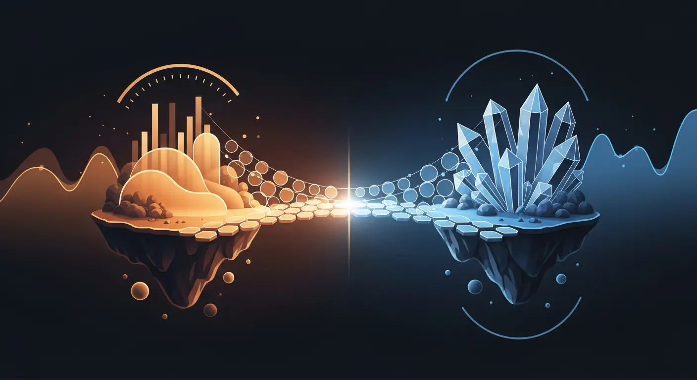 hero-product-management - SaasCEO.com Product Management hero — luminous bridge of hexagonal tiles spanning between organic and geometric formations