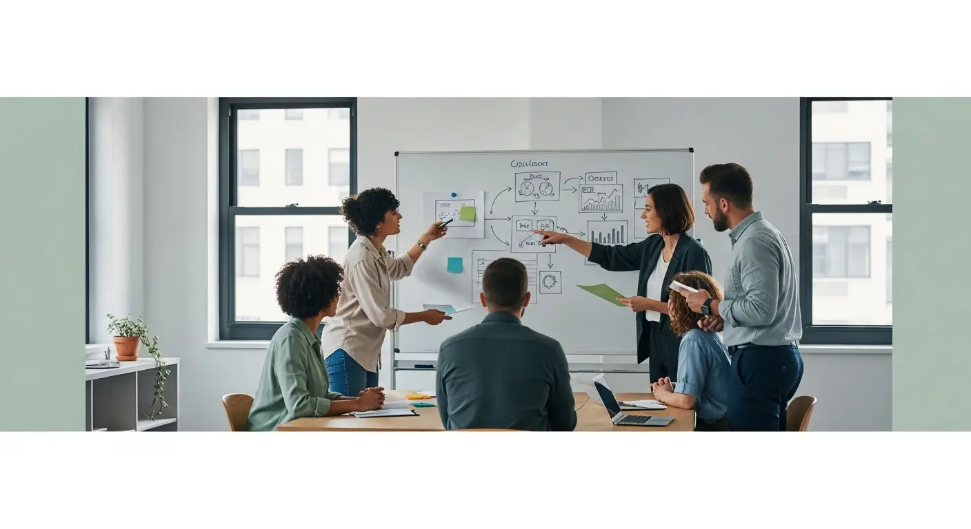 hero-reduce-saas-churn-4 - SaasCEO.com How Segment-Specific Churn Data Reveals Hidden Opportunities — A small team gathered around a whiteboard with diagrams, col