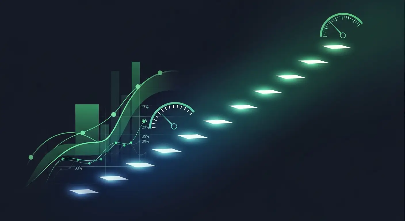 hero-retention-rate-calculation-2 - SaasCEO.com Retention rate calculation — ascending glowing steps of light climbing to the upper right past gauges and a green growth chart, evoking retention improving stage by stage.