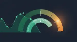 Abstract dashboard gauge showing performance meters and a rising line graph behind the arced UI elements