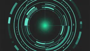 hero-revenue-retention - SaasCEO.com Futuristic circular HUD with teal rings, segments, and a glowing green center on a dark background.