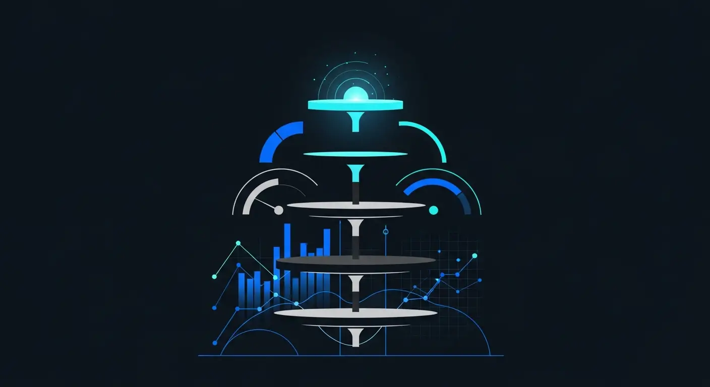 hero-saas-cfos-1 - SaasCEO.com SaaS CFOs — a tiered, glowing tower of stacked translucent platforms holding charts, gauges and bar graphs on a dark field, an abstract layered view of the financial data a SaaS CFO oversees.