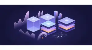 Abstract isometric data visualization with translucent cubes and layered sheets representing analytics on a dark purple background.