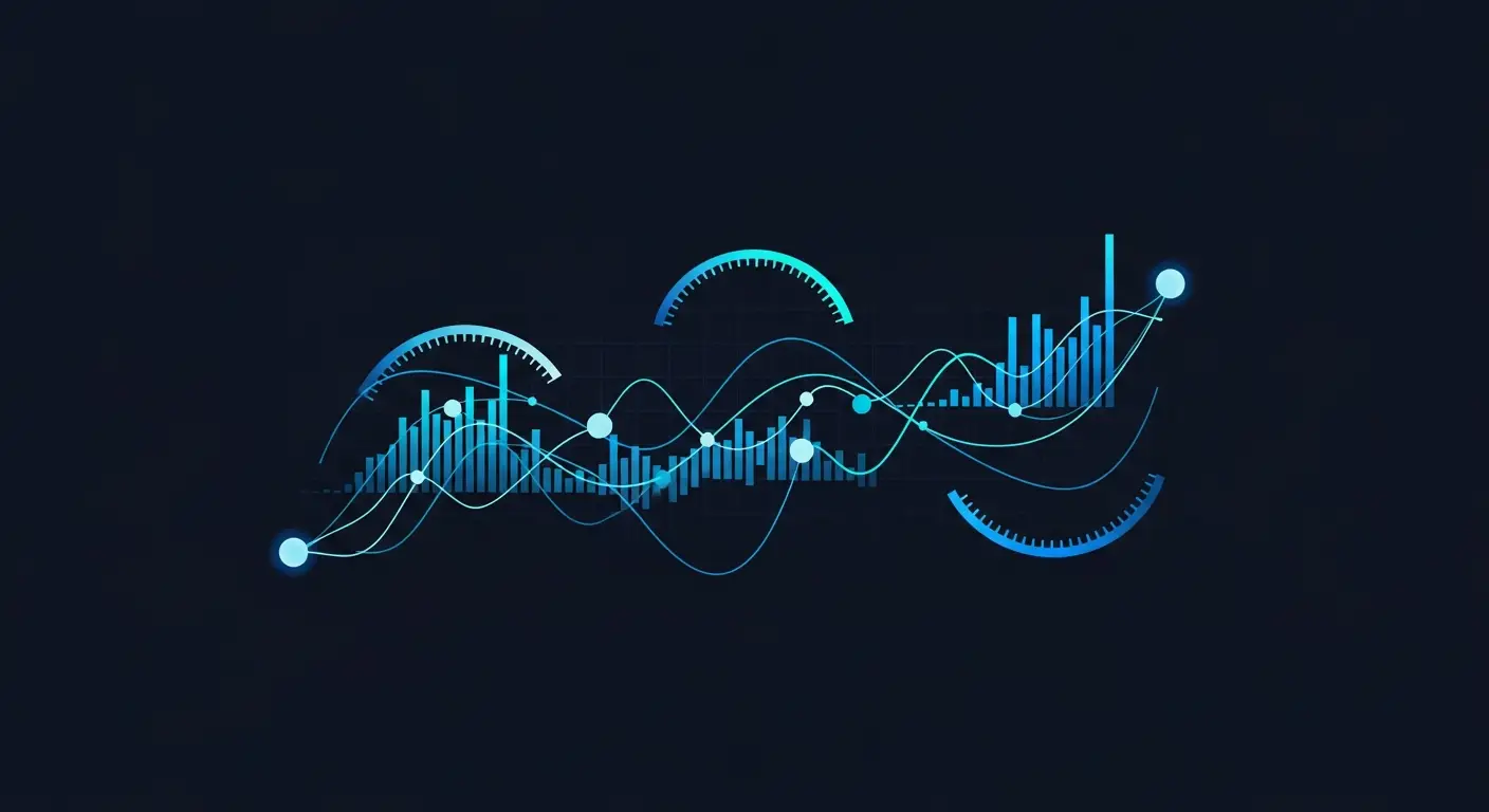 hero-saas-magic-number-1 - SaasCEO.com What Is the SaaS Magic Number? — Interconnected nodes and flowing curves on a dark background