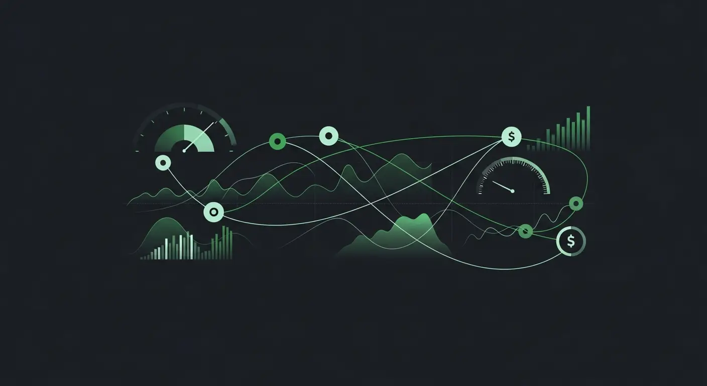 hero-venture-debt-1 - SaasCEO.com The Proven-Motion Test: When Venture Debt Actually Fits — Interconnected nodes and flowing curves on a dark background